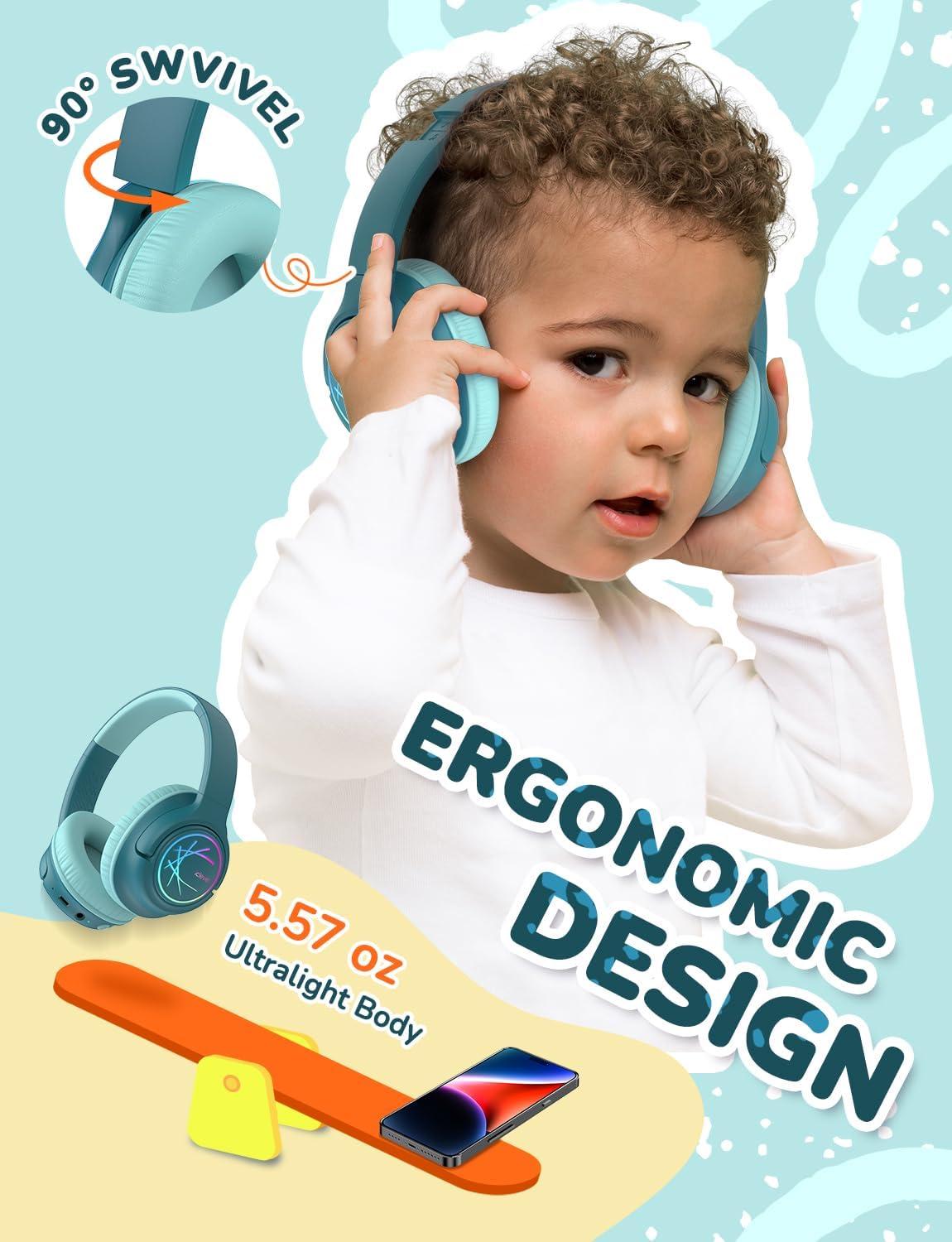 imageiClever Kids Bluetooth Headphones with LED Lights 43H Playtime TypeC Fast Charging BTH18 Safe Volume 7485dBA Bluetooth53Toddler Headphones Aux Cord for iPadTabletTravelSchool BlueGreen