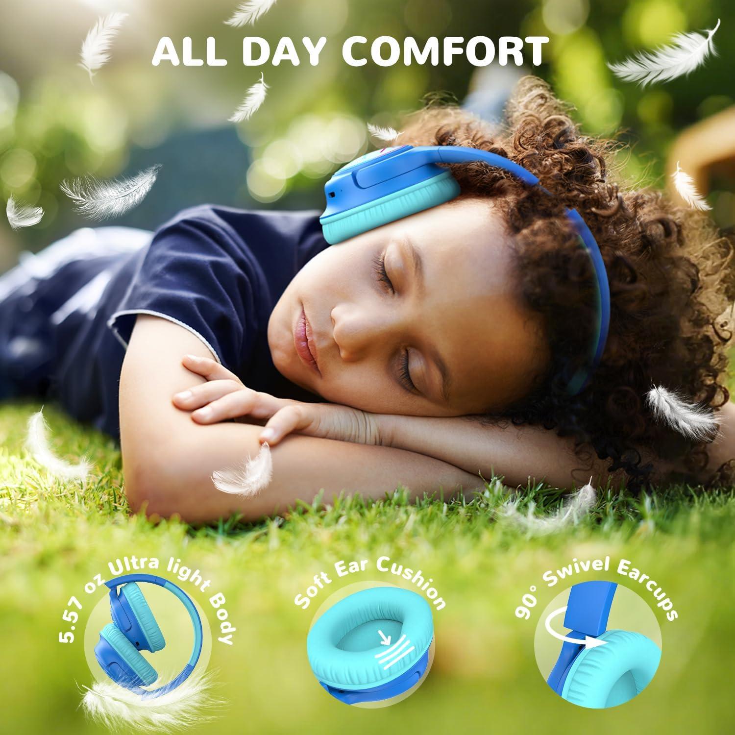 imageiClever Kids Bluetooth Headphones with LED Lights 43H Playtime TypeC Fast Charging BTH18 Safe Volume 7485dBA Bluetooth53Toddler Headphones Aux Cord for iPadTabletTravelSchool BlueBlue