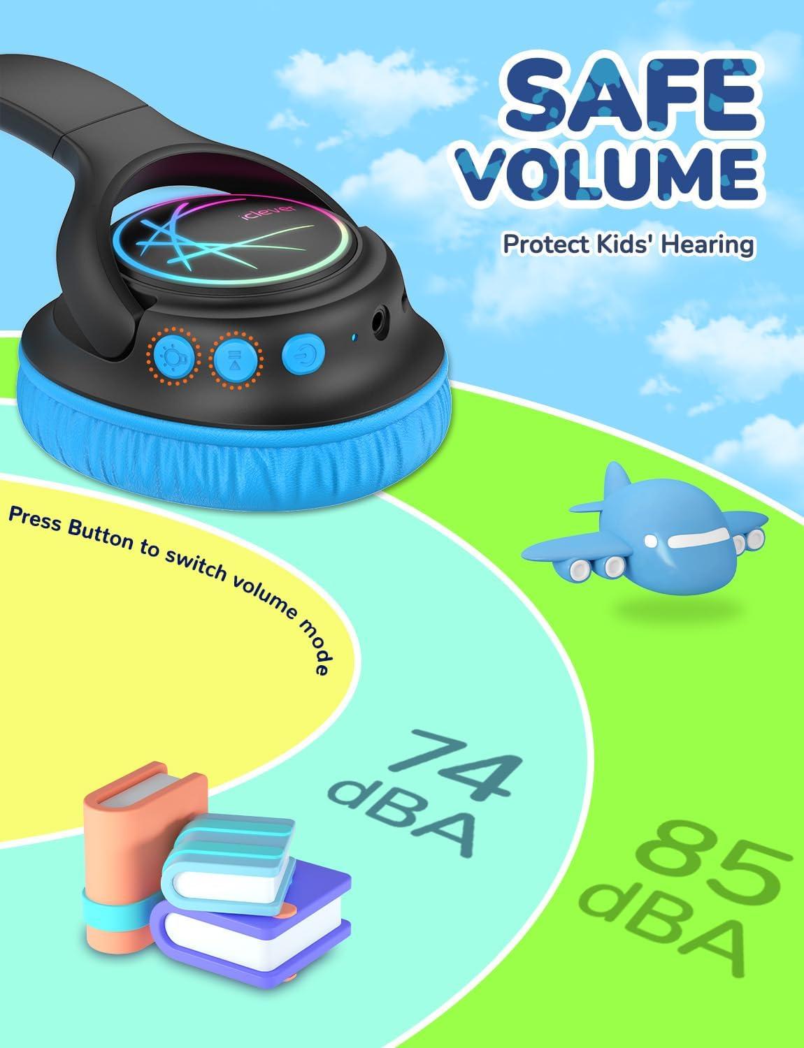 imageiClever Kids Bluetooth Headphones with LED Lights 43H Playtime TypeC Fast Charging BTH18 Safe Volume 7485dBA Bluetooth53Toddler Headphones Aux Cord for iPadTabletTravelSchool BluePurple  Black