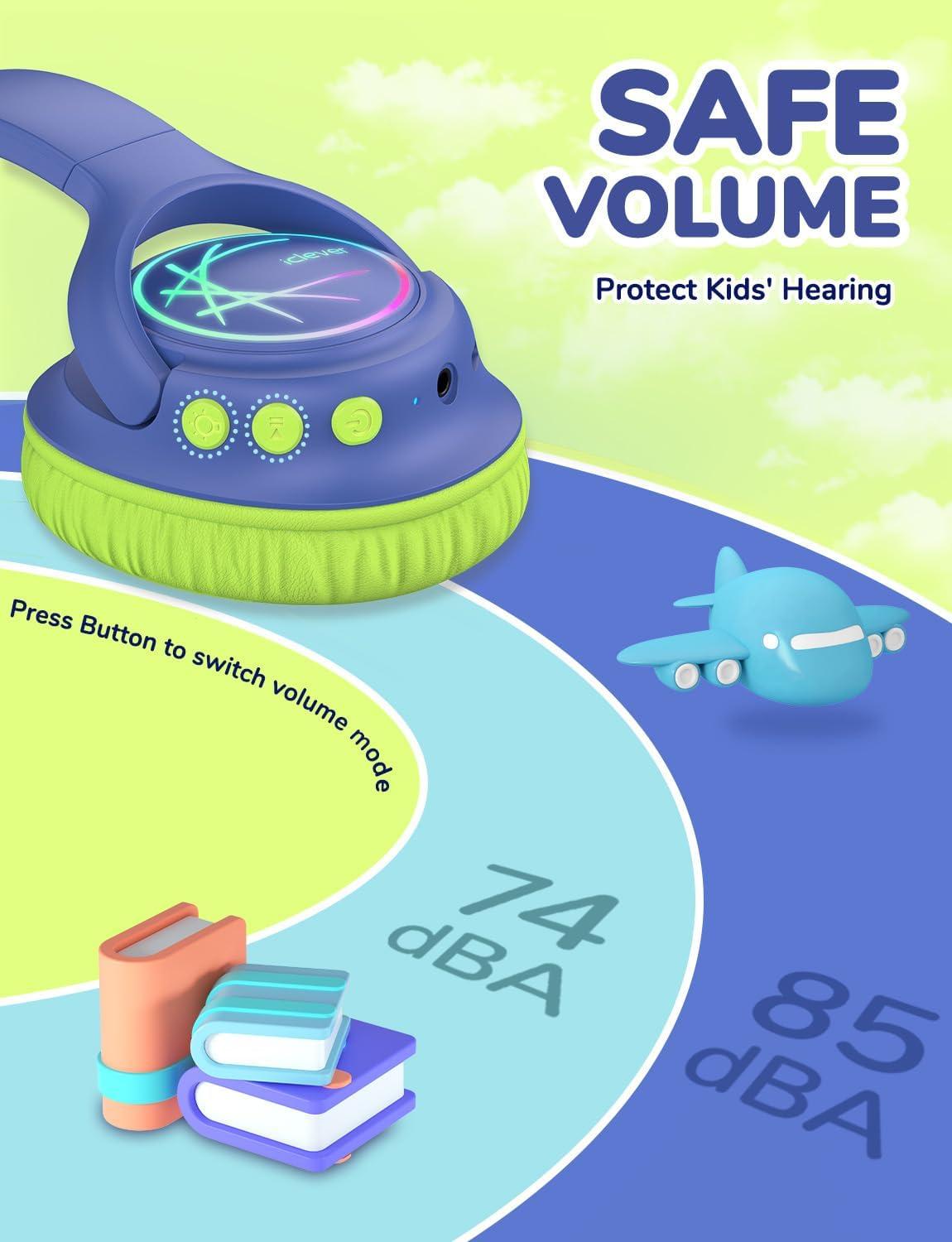 imageiClever Kids Bluetooth Headphones with LED Lights 43H Playtime TypeC Fast Charging BTH18 Safe Volume 7485dBA Bluetooth53Toddler Headphones Aux Cord for iPadTabletTravelSchool BlueGreenBlue