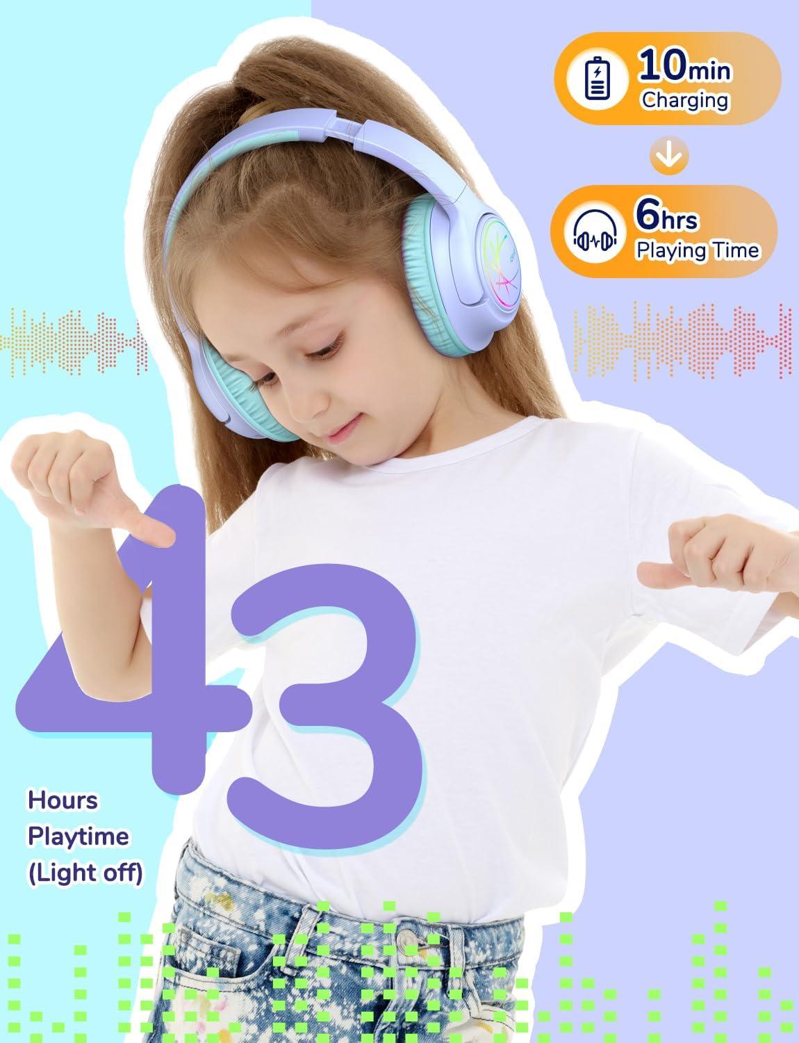 imageiClever Kids Bluetooth Headphones with LED Lights 43H Playtime TypeC Fast Charging BTH18 Safe Volume 7485dBA Bluetooth53Toddler Headphones Aux Cord for iPadTabletTravelSchool BluePurple
