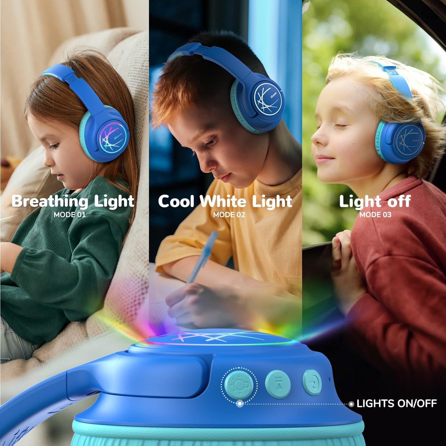 imageiClever Kids Bluetooth Headphones with LED Lights 43H Playtime TypeC Fast Charging BTH18 Safe Volume 7485dBA Bluetooth53Toddler Headphones Aux Cord for iPadTabletTravelSchool BlueBlue