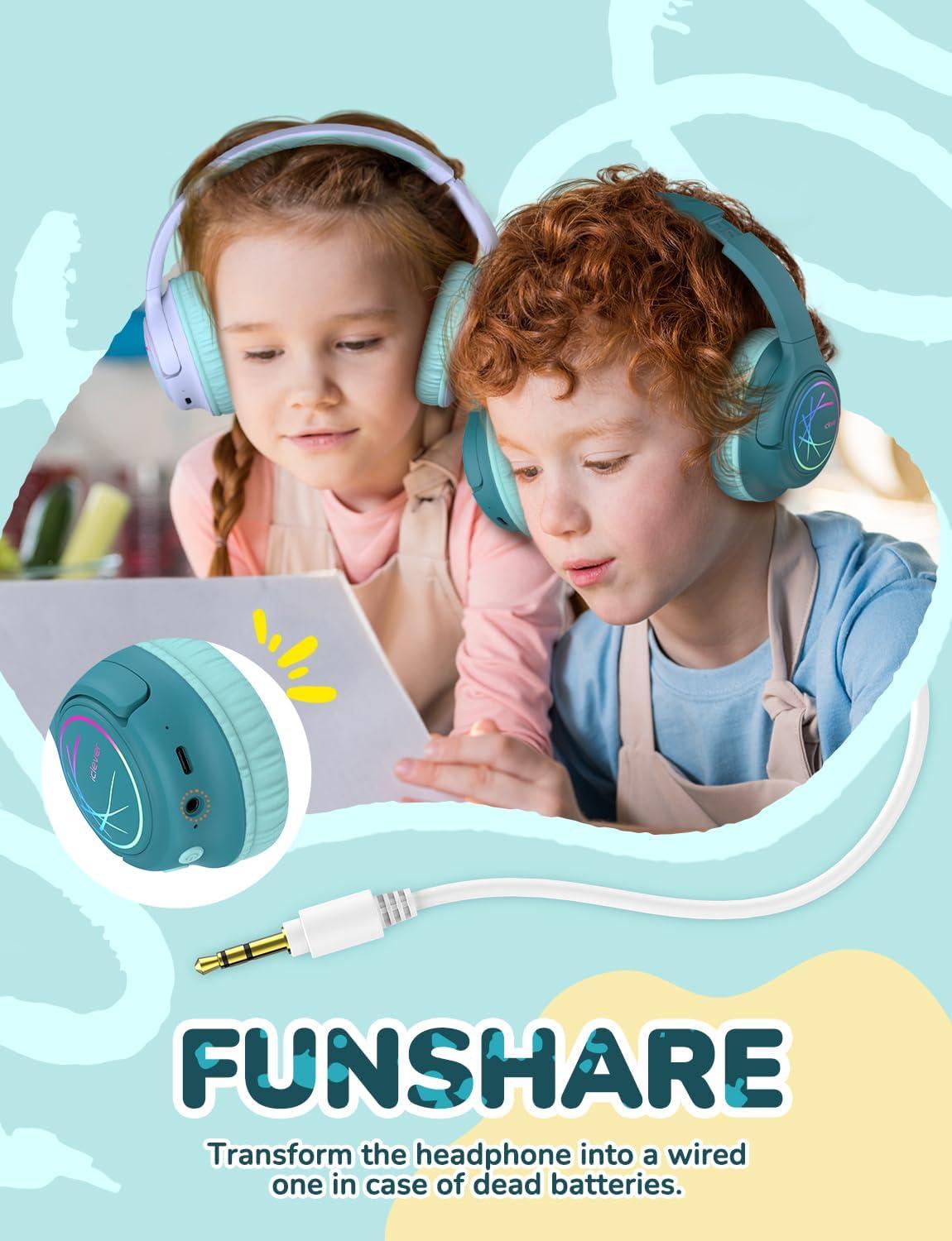 imageiClever Kids Bluetooth Headphones with LED Lights 43H Playtime TypeC Fast Charging BTH18 Safe Volume 7485dBA Bluetooth53Toddler Headphones Aux Cord for iPadTabletTravelSchool BlueGreen