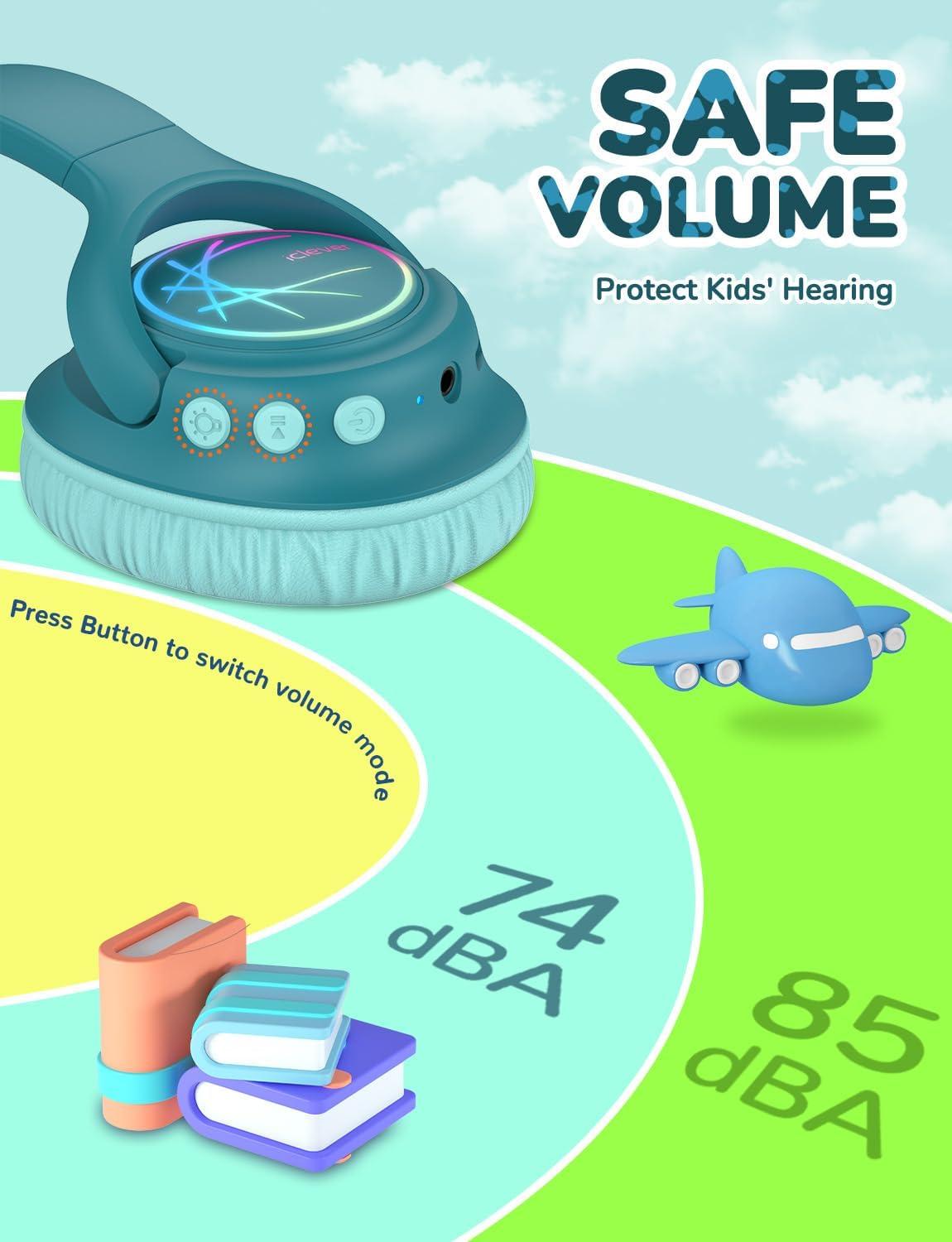 imageiClever Kids Bluetooth Headphones with LED Lights 43H Playtime TypeC Fast Charging BTH18 Safe Volume 7485dBA Bluetooth53Toddler Headphones Aux Cord for iPadTabletTravelSchool BlueGreen