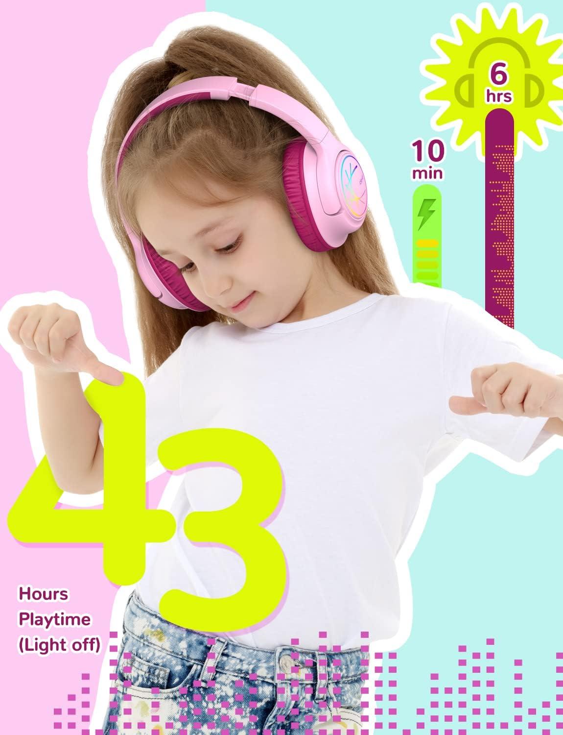 imageiClever Kids Bluetooth Headphones with LED Lights 43H Playtime TypeC Fast Charging BTH18 Safe Volume 7485dBA Bluetooth53Toddler Headphones Aux Cord for iPadTabletTravelSchool BlueRose Pink
