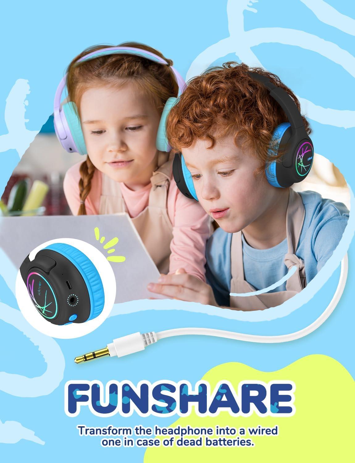 imageiClever Kids Bluetooth Headphones with LED Lights 43H Playtime TypeC Fast Charging BTH18 Safe Volume 7485dBA Bluetooth53Toddler Headphones Aux Cord for iPadTabletTravelSchool BluePurple  Black