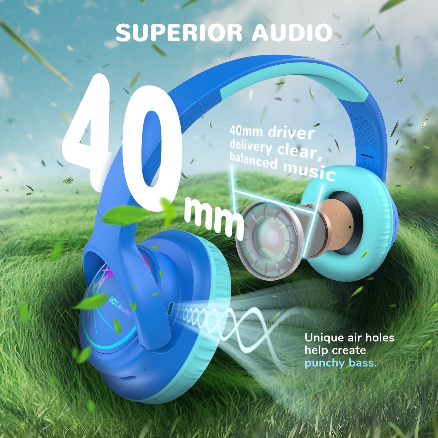 imageiClever Kids Bluetooth Headphones with LED Lights 43H Playtime TypeC Fast Charging BTH18 Safe Volume 7485dBA Bluetooth53Toddler Headphones Aux Cord for iPadTabletTravelSchool BlueBlue