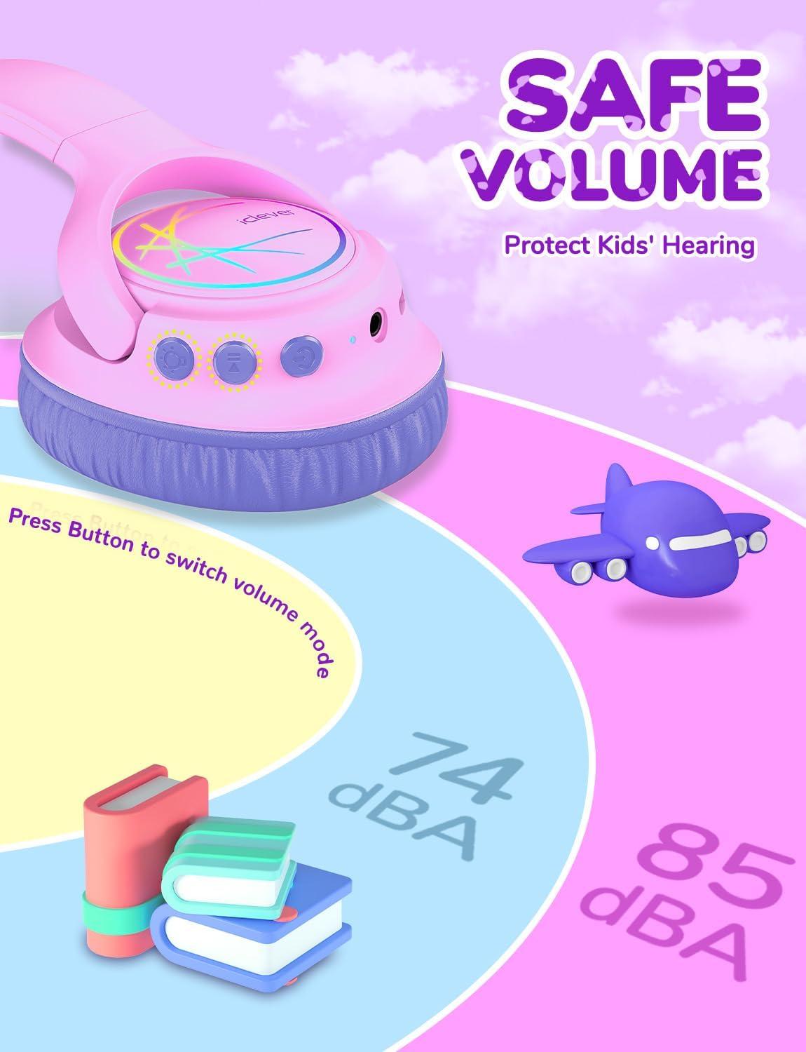 imageiClever Kids Bluetooth Headphones with LED Lights 43H Playtime TypeC Fast Charging BTH18 Safe Volume 7485dBA Bluetooth53Toddler Headphones Aux Cord for iPadTabletTravelSchool BluePinkBlue