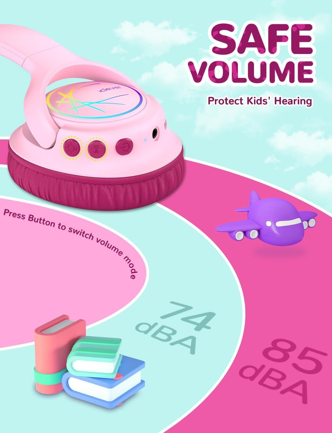 imageiClever Kids Bluetooth Headphones with LED Lights 43H Playtime TypeC Fast Charging BTH18 Safe Volume 7485dBA Bluetooth53Toddler Headphones Aux Cord for iPadTabletTravelSchool BlueBlossom Pink