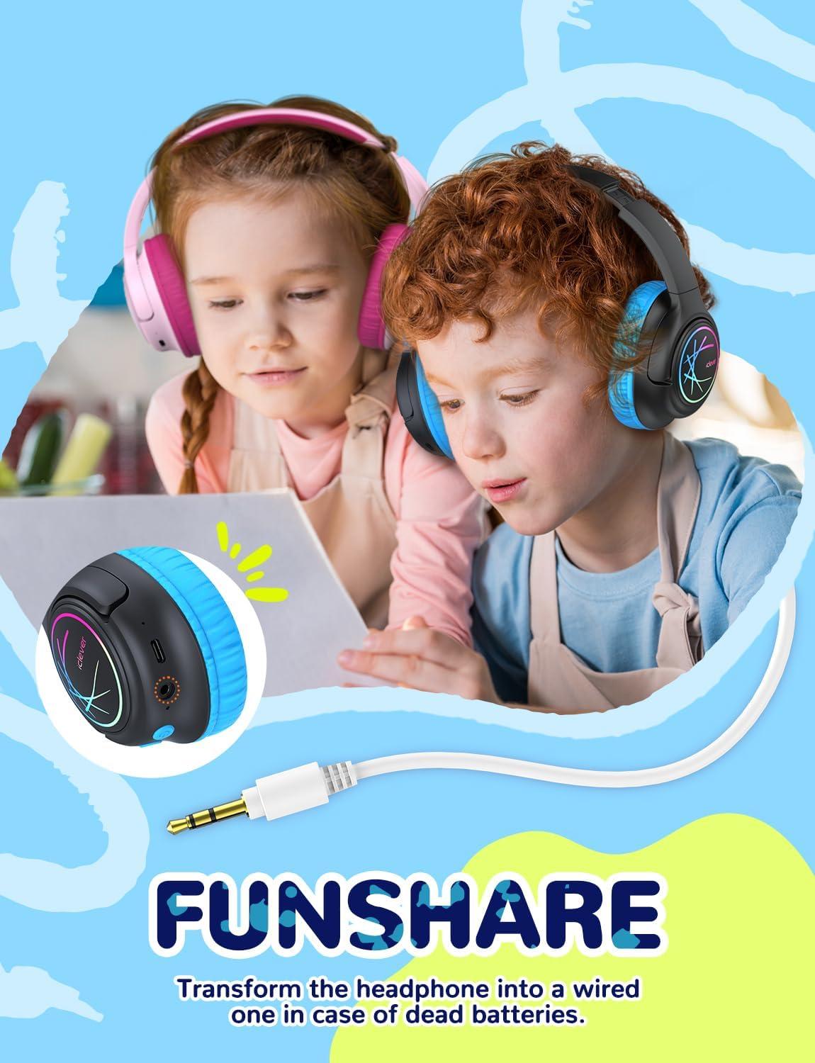 imageiClever Kids Bluetooth Headphones with LED Lights 43H Playtime TypeC Fast Charging BTH18 Safe Volume 7485dBA Bluetooth53Toddler Headphones Aux Cord for iPadTabletTravelSchool BlueBlack