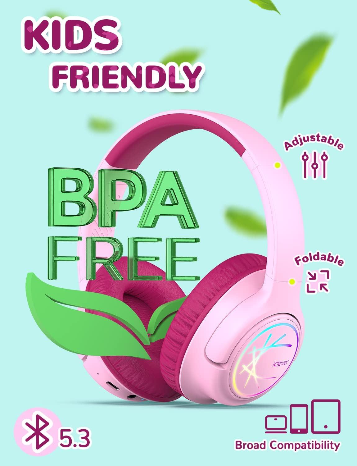 imageiClever Kids Bluetooth Headphones with LED Lights 43H Playtime TypeC Fast Charging BTH18 Safe Volume 7485dBA Bluetooth53Toddler Headphones Aux Cord for iPadTabletTravelSchool BlueBlossom Pink