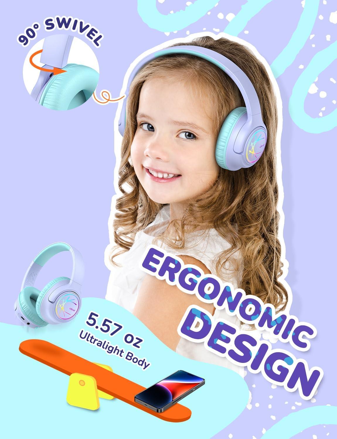imageiClever Kids Bluetooth Headphones with LED Lights 43H Playtime TypeC Fast Charging BTH18 Safe Volume 7485dBA Bluetooth53Toddler Headphones Aux Cord for iPadTabletTravelSchool BluePurple