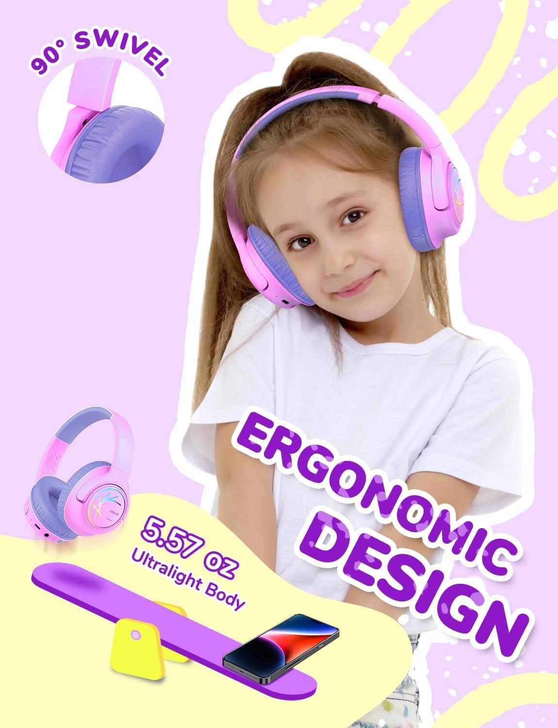 imageiClever Kids Bluetooth Headphones with LED Lights 43H Playtime TypeC Fast Charging BTH18 Safe Volume 7485dBA Bluetooth53Toddler Headphones Aux Cord for iPadTabletTravelSchool BluePinkBlue