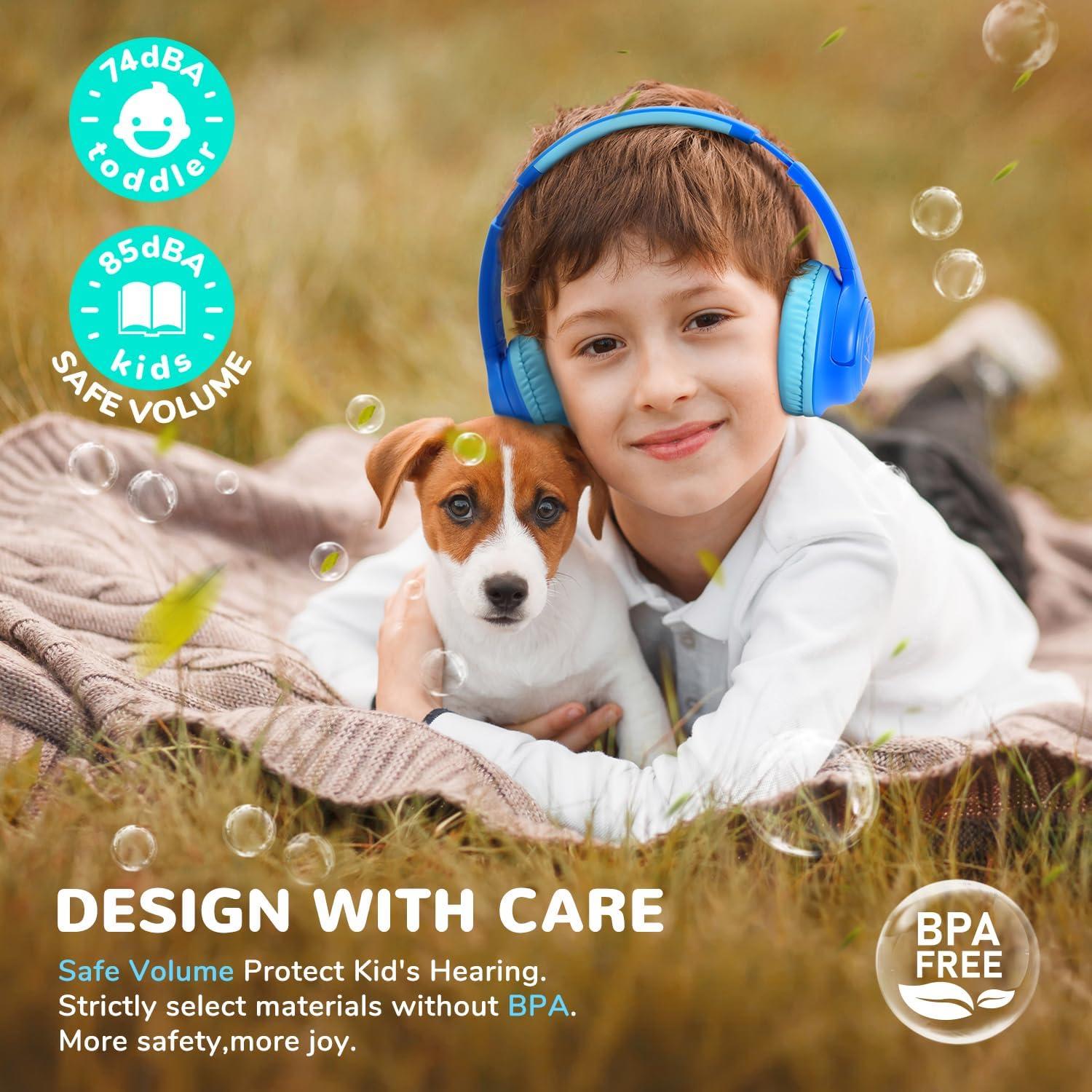 imageiClever Kids Bluetooth Headphones with LED Lights 43H Playtime TypeC Fast Charging BTH18 Safe Volume 7485dBA Bluetooth53Toddler Headphones Aux Cord for iPadTabletTravelSchool BlueBlue