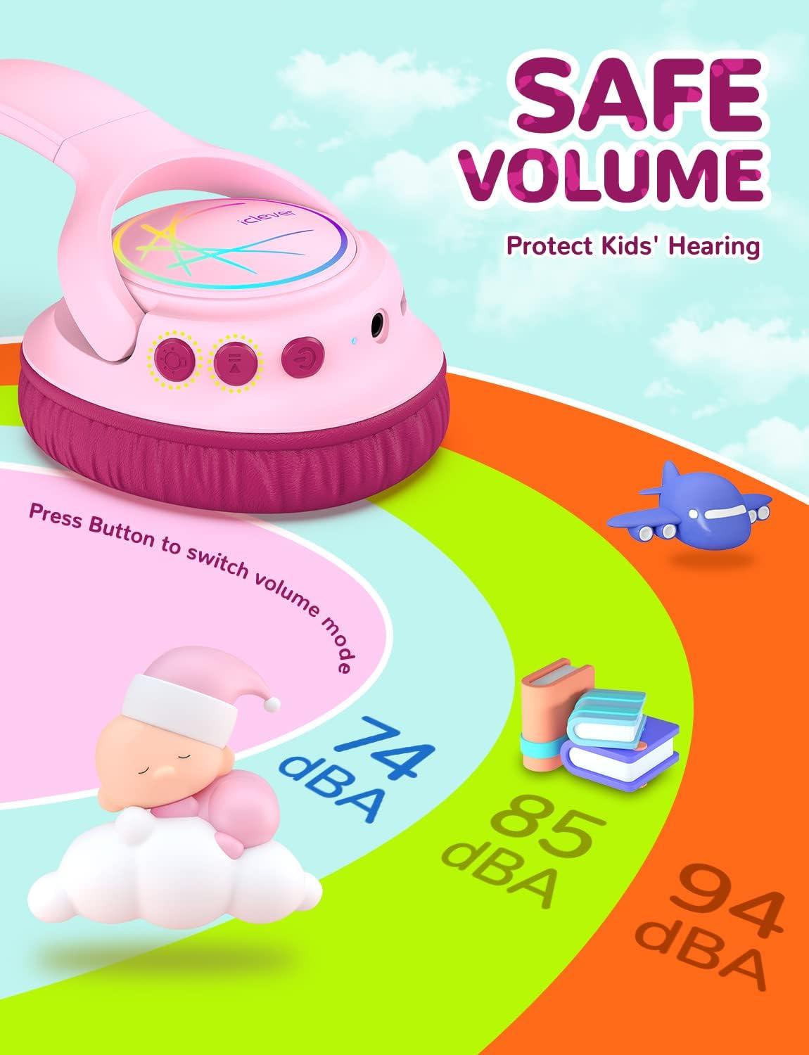 imageiClever Kids Bluetooth Headphones with LED Lights 43H Playtime TypeC Fast Charging BTH18 Safe Volume 7485dBA Bluetooth53Toddler Headphones Aux Cord for iPadTabletTravelSchool BlueRose Pink