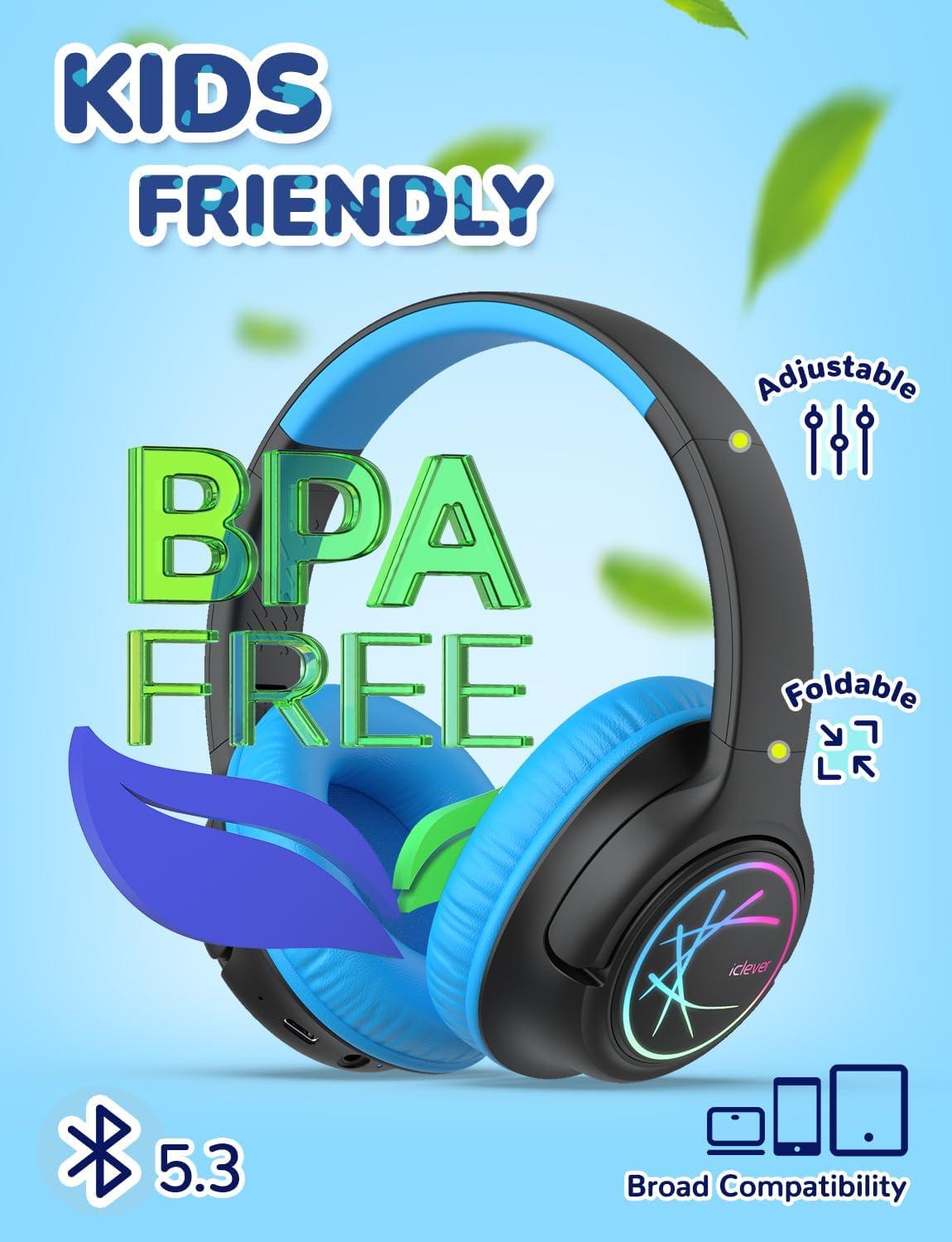 imageiClever Kids Bluetooth Headphones with LED Lights 43H Playtime TypeC Fast Charging BTH18 Safe Volume 7485dBA Bluetooth53Toddler Headphones Aux Cord for iPadTabletTravelSchool BlueBlack