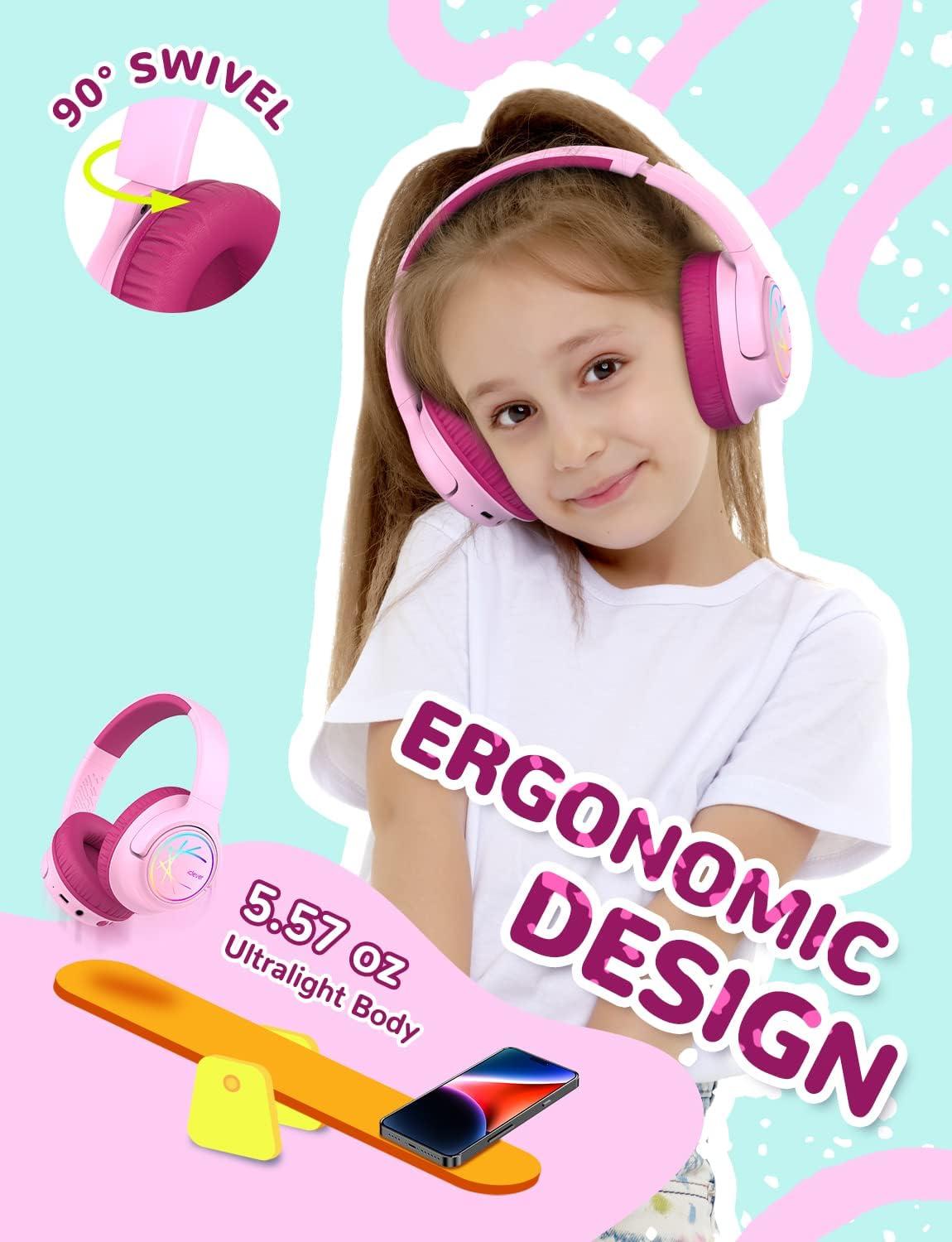 imageiClever Kids Bluetooth Headphones with LED Lights 43H Playtime TypeC Fast Charging BTH18 Safe Volume 7485dBA Bluetooth53Toddler Headphones Aux Cord for iPadTabletTravelSchool BlueRose Pink