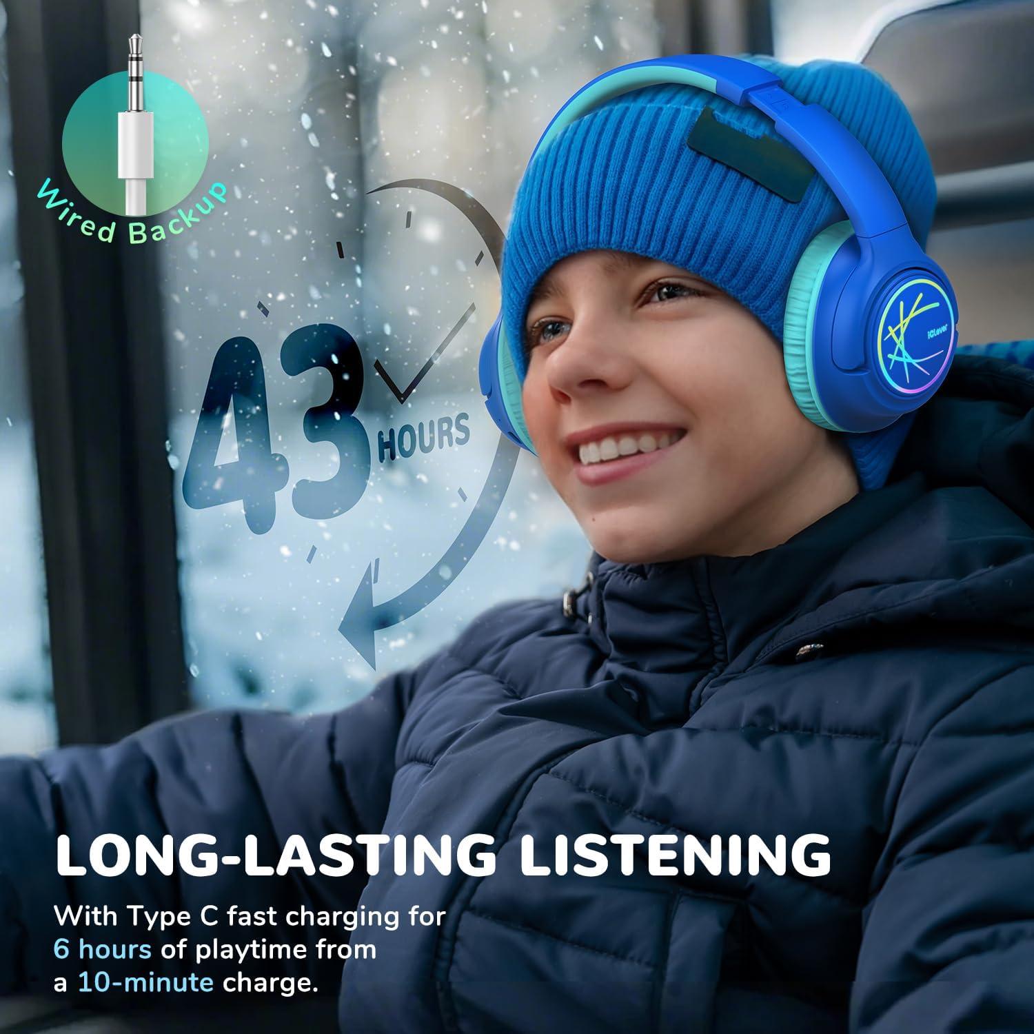 imageiClever Kids Bluetooth Headphones with LED Lights 43H Playtime TypeC Fast Charging BTH18 Safe Volume 7485dBA Bluetooth53Toddler Headphones Aux Cord for iPadTabletTravelSchool BlueBlue