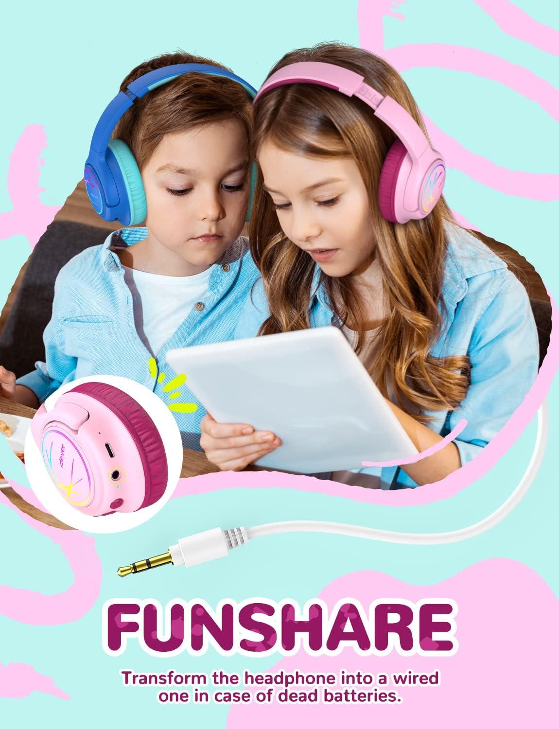 imageiClever Kids Bluetooth Headphones with LED Lights 43H Playtime TypeC Fast Charging BTH18 Safe Volume 7485dBA Bluetooth53Toddler Headphones Aux Cord for iPadTabletTravelSchool BlueRose Pink