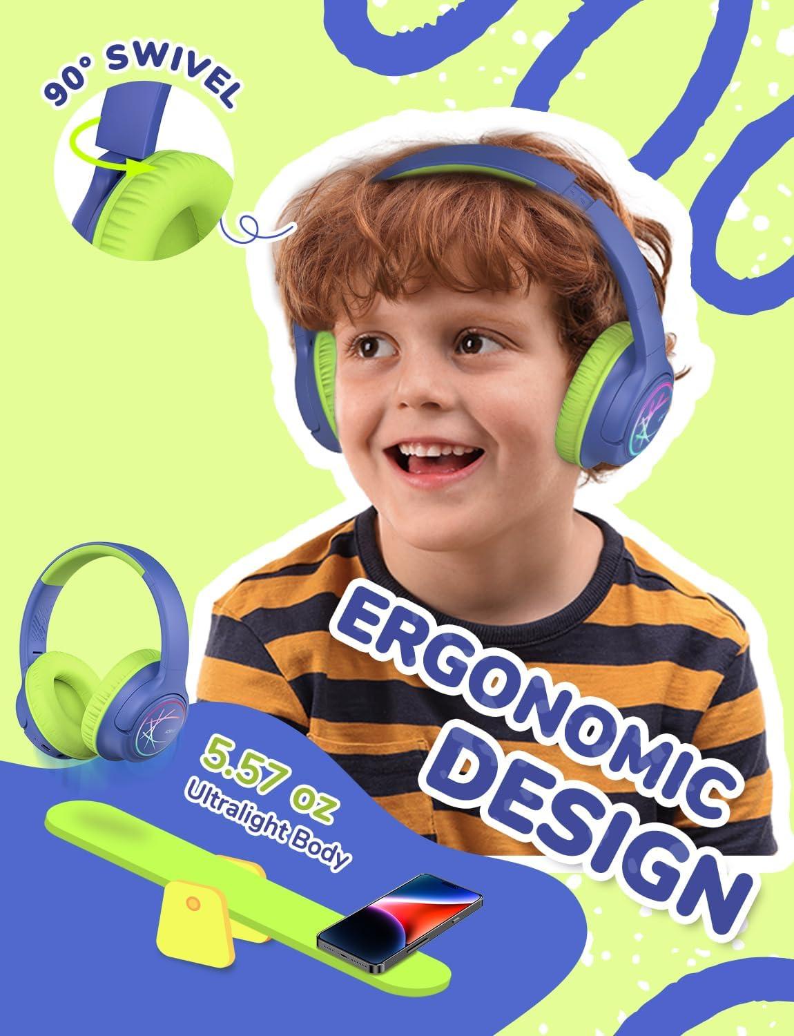 imageiClever Kids Bluetooth Headphones with LED Lights 43H Playtime TypeC Fast Charging BTH18 Safe Volume 7485dBA Bluetooth53Toddler Headphones Aux Cord for iPadTabletTravelSchool BlueGreenBlue