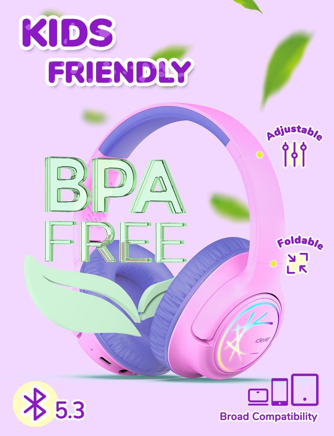 imageiClever Kids Bluetooth Headphones with LED Lights 43H Playtime TypeC Fast Charging BTH18 Safe Volume 7485dBA Bluetooth53Toddler Headphones Aux Cord for iPadTabletTravelSchool BluePinkBlue