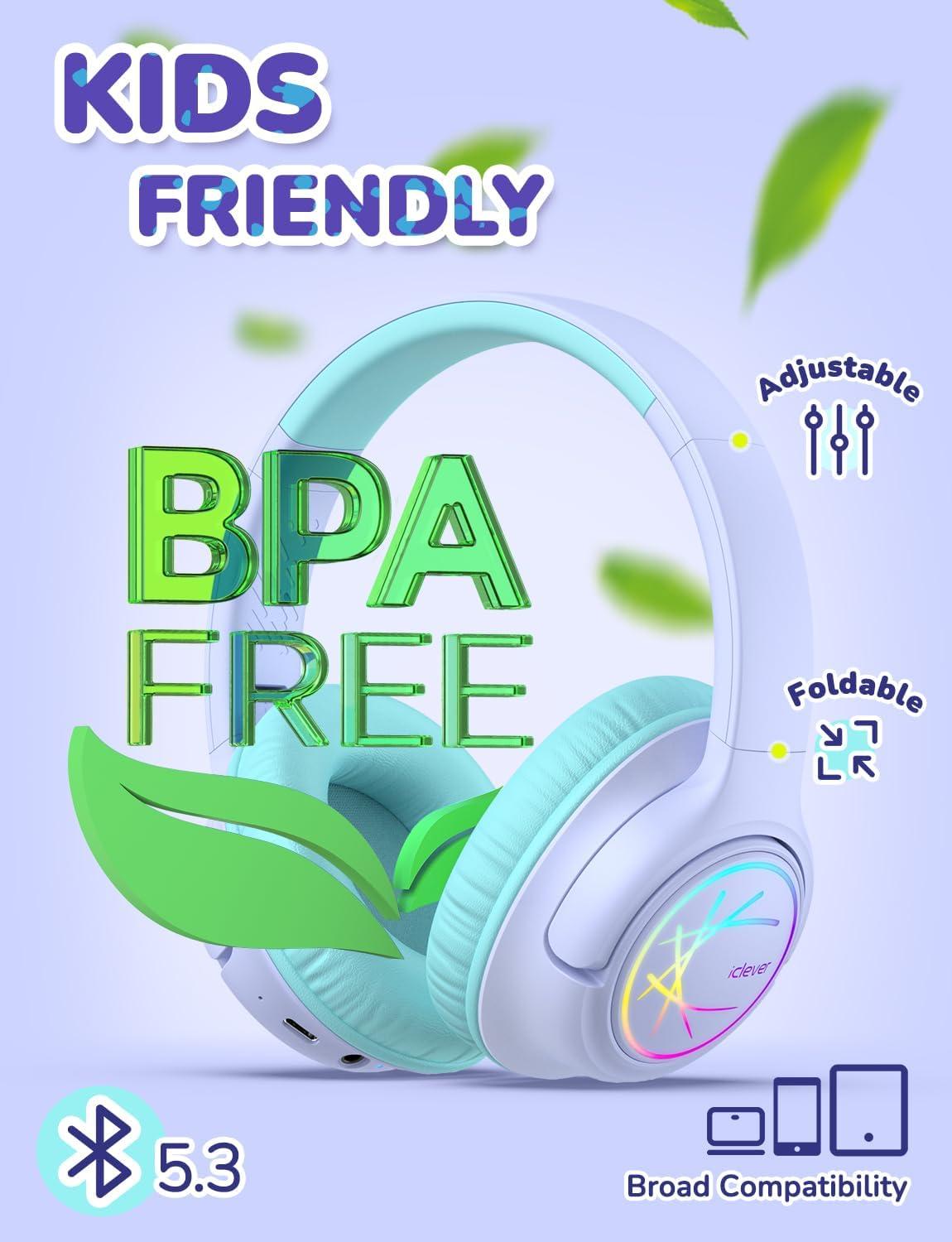 imageiClever Kids Bluetooth Headphones with LED Lights 43H Playtime TypeC Fast Charging BTH18 Safe Volume 7485dBA Bluetooth53Toddler Headphones Aux Cord for iPadTabletTravelSchool BluePurple