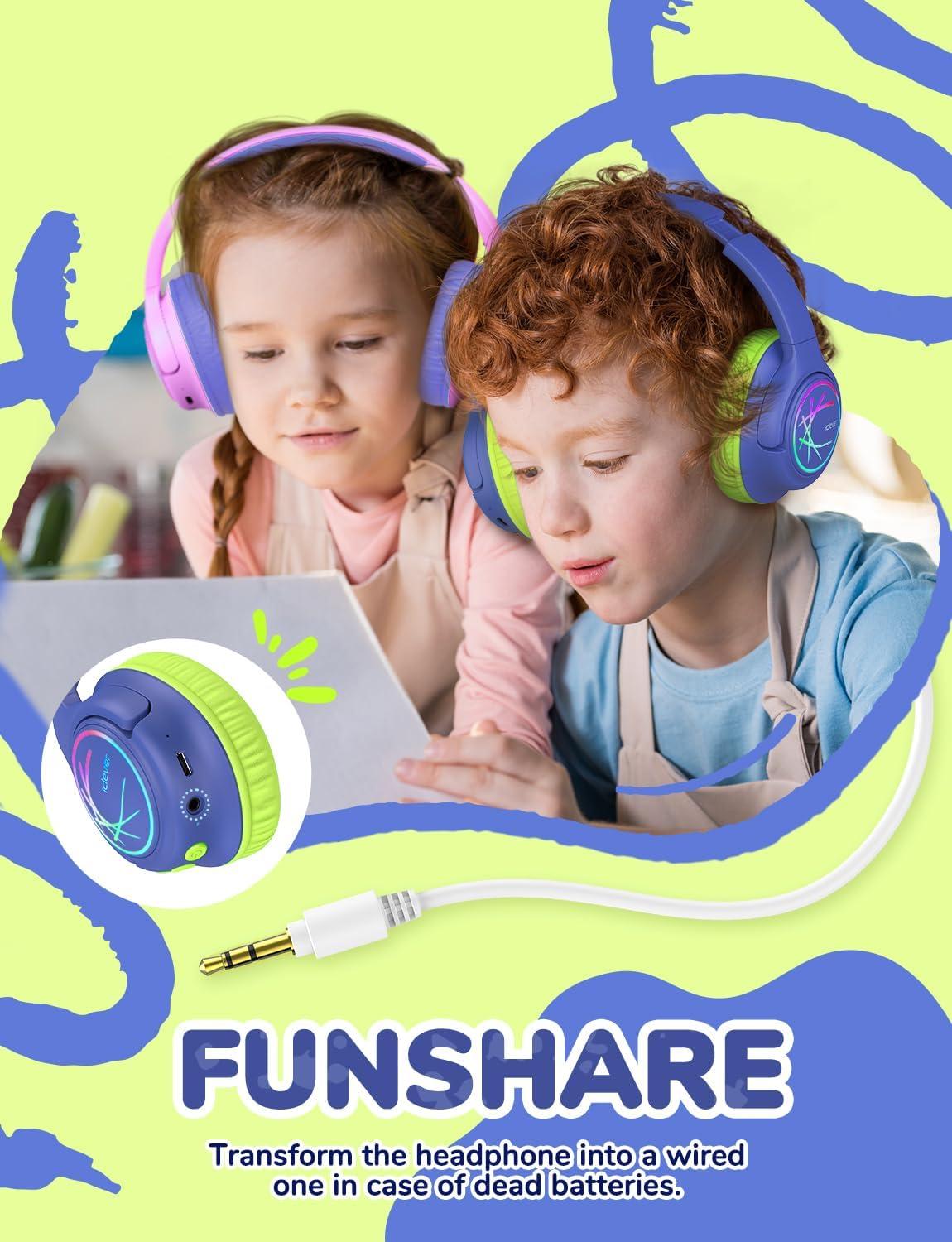 imageiClever Kids Bluetooth Headphones with LED Lights 43H Playtime TypeC Fast Charging BTH18 Safe Volume 7485dBA Bluetooth53Toddler Headphones Aux Cord for iPadTabletTravelSchool BlueGreenBlue