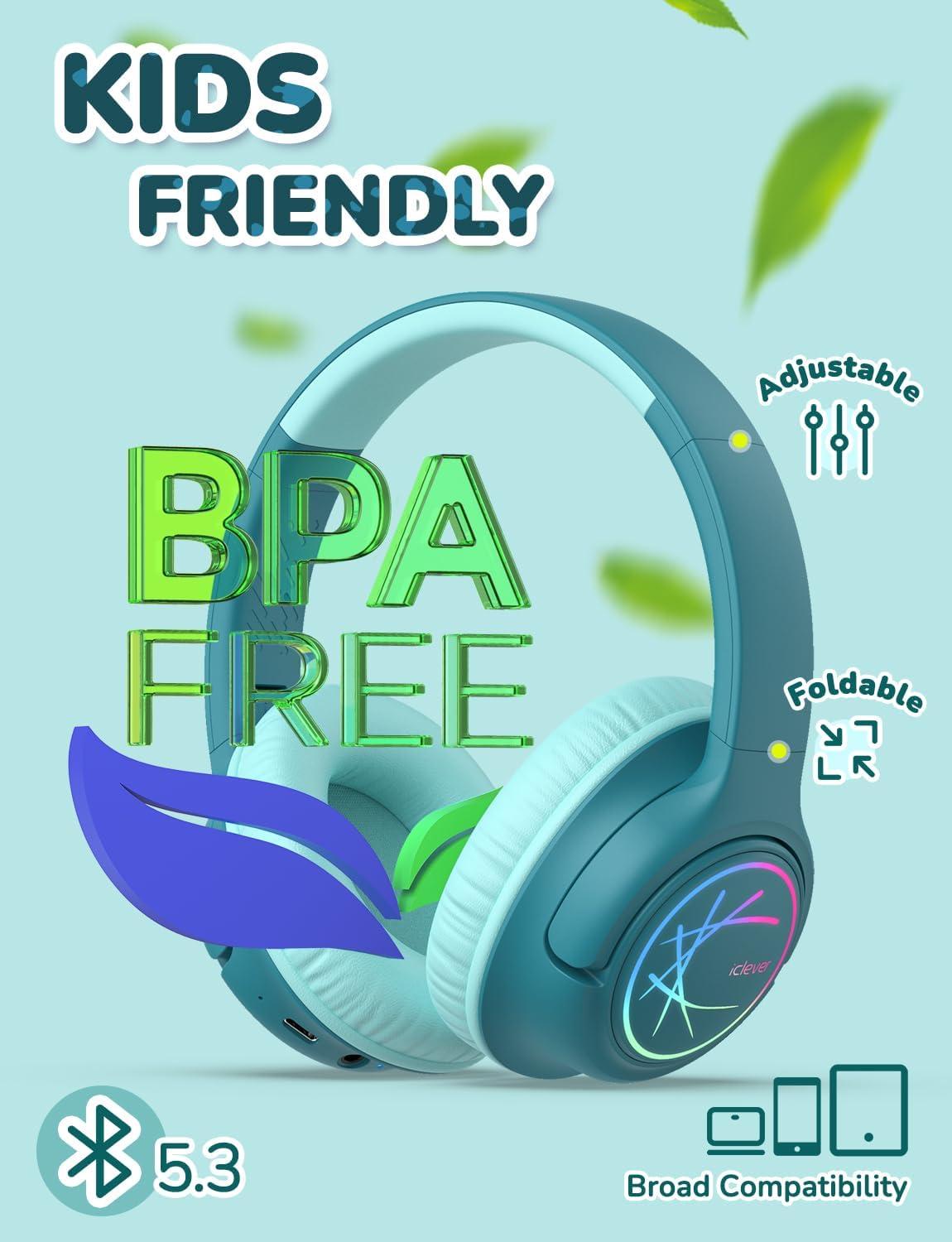 imageiClever Kids Bluetooth Headphones with LED Lights 43H Playtime TypeC Fast Charging BTH18 Safe Volume 7485dBA Bluetooth53Toddler Headphones Aux Cord for iPadTabletTravelSchool BlueGreen