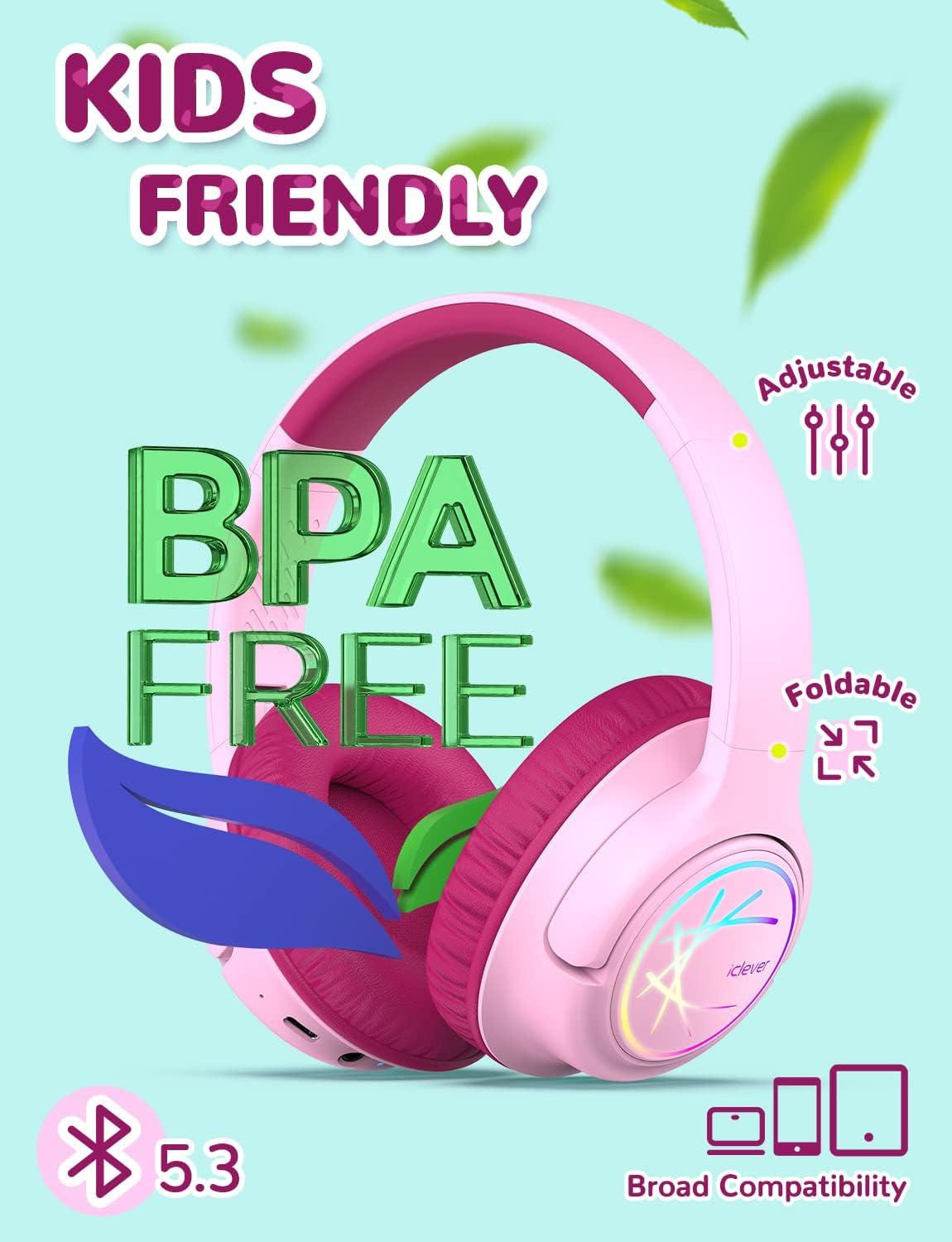 imageiClever Kids Bluetooth Headphones with LED Lights 43H Playtime TypeC Fast Charging BTH18 Safe Volume 7485dBA Bluetooth53Toddler Headphones Aux Cord for iPadTabletTravelSchool BlueRose Pink