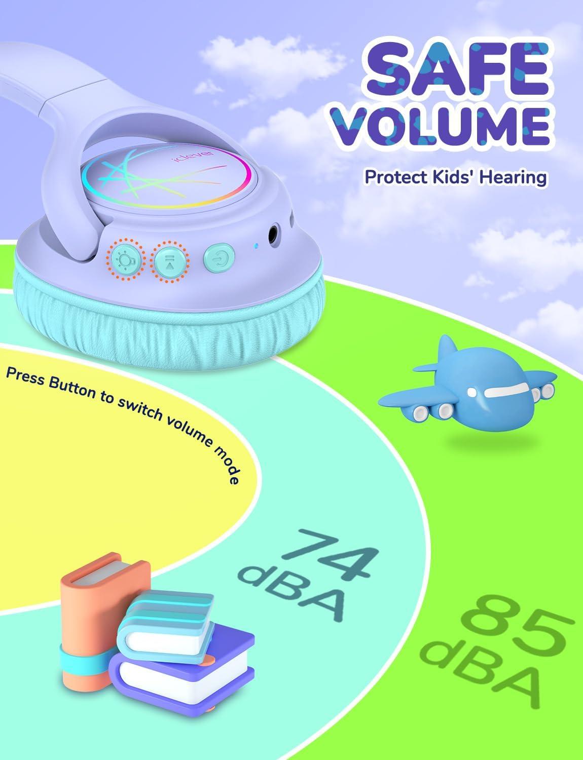 imageiClever Kids Bluetooth Headphones with LED Lights 43H Playtime TypeC Fast Charging BTH18 Safe Volume 7485dBA Bluetooth53Toddler Headphones Aux Cord for iPadTabletTravelSchool BluePurple