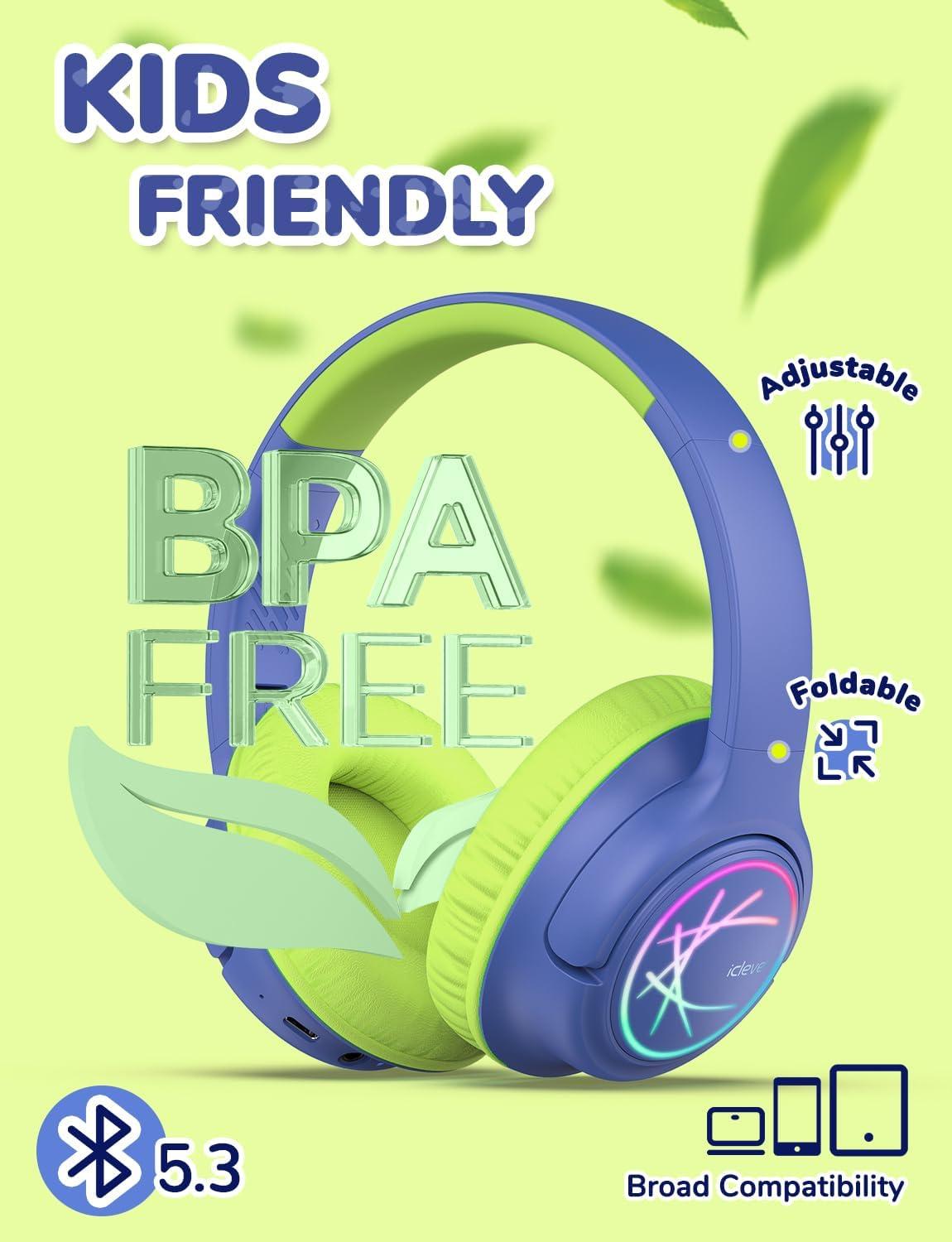 imageiClever Kids Bluetooth Headphones with LED Lights 43H Playtime TypeC Fast Charging BTH18 Safe Volume 7485dBA Bluetooth53Toddler Headphones Aux Cord for iPadTabletTravelSchool BlueGreenBlue