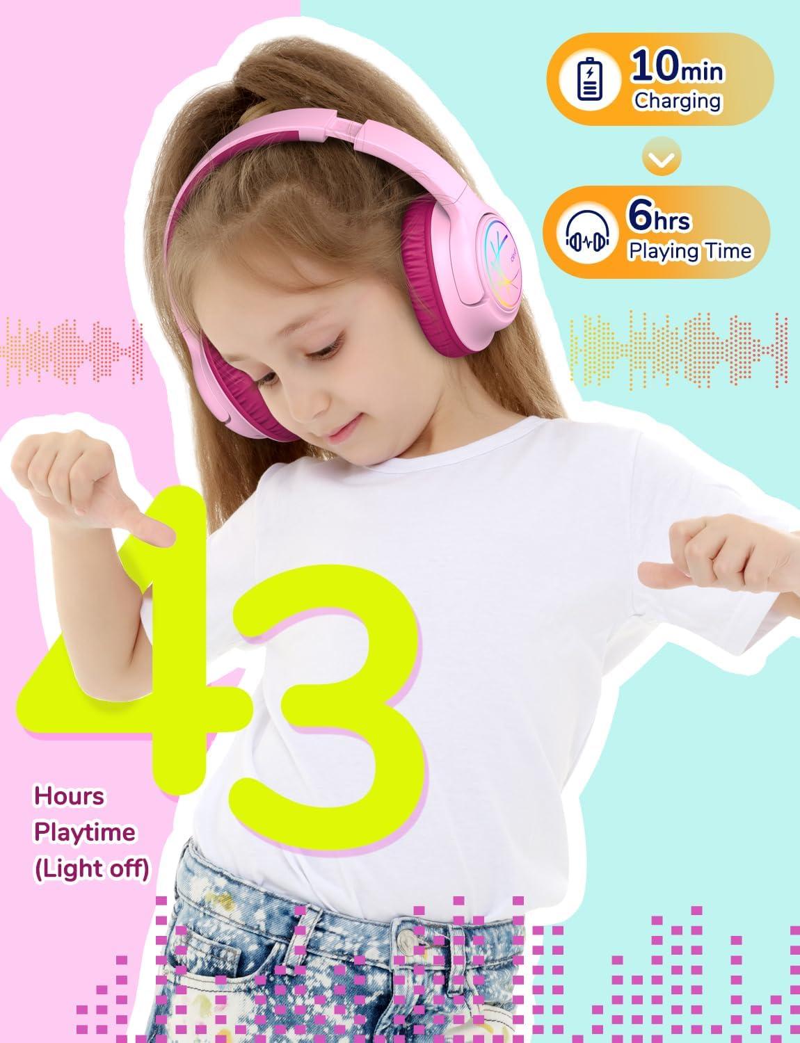 imageiClever Kids Bluetooth Headphones with LED Lights 43H Playtime TypeC Fast Charging BTH18 Safe Volume 7485dBA Bluetooth53Toddler Headphones Aux Cord for iPadTabletTravelSchool BlueBlossom Pink