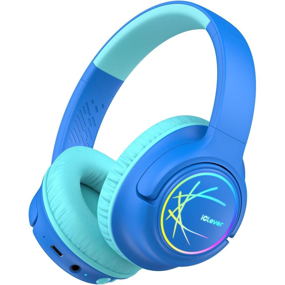 imageiClever Kids Bluetooth Headphones with LED Lights 43H Playtime TypeC Fast Charging BTH18 Safe Volume 7485dBA Bluetooth53Toddler Headphones Aux Cord for iPadTabletTravelSchool BlueBlue