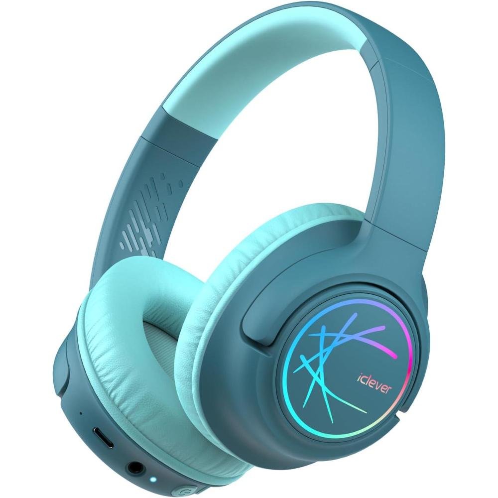imageiClever Kids Bluetooth Headphones with LED Lights 43H Playtime TypeC Fast Charging BTH18 Safe Volume 7485dBA Bluetooth53Toddler Headphones Aux Cord for iPadTabletTravelSchool BlueGreen