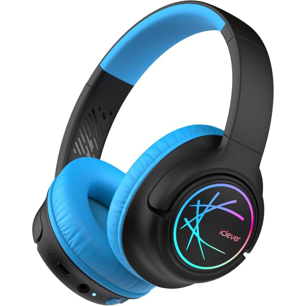 imageiClever Kids Bluetooth Headphones with LED Lights 43H Playtime TypeC Fast Charging BTH18 Safe Volume 7485dBA Bluetooth53Toddler Headphones Aux Cord for iPadTabletTravelSchool BlueBlack