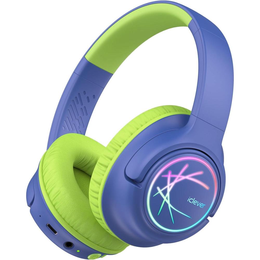 imageiClever Kids Bluetooth Headphones with LED Lights 43H Playtime TypeC Fast Charging BTH18 Safe Volume 7485dBA Bluetooth53Toddler Headphones Aux Cord for iPadTabletTravelSchool BlueGreenBlue
