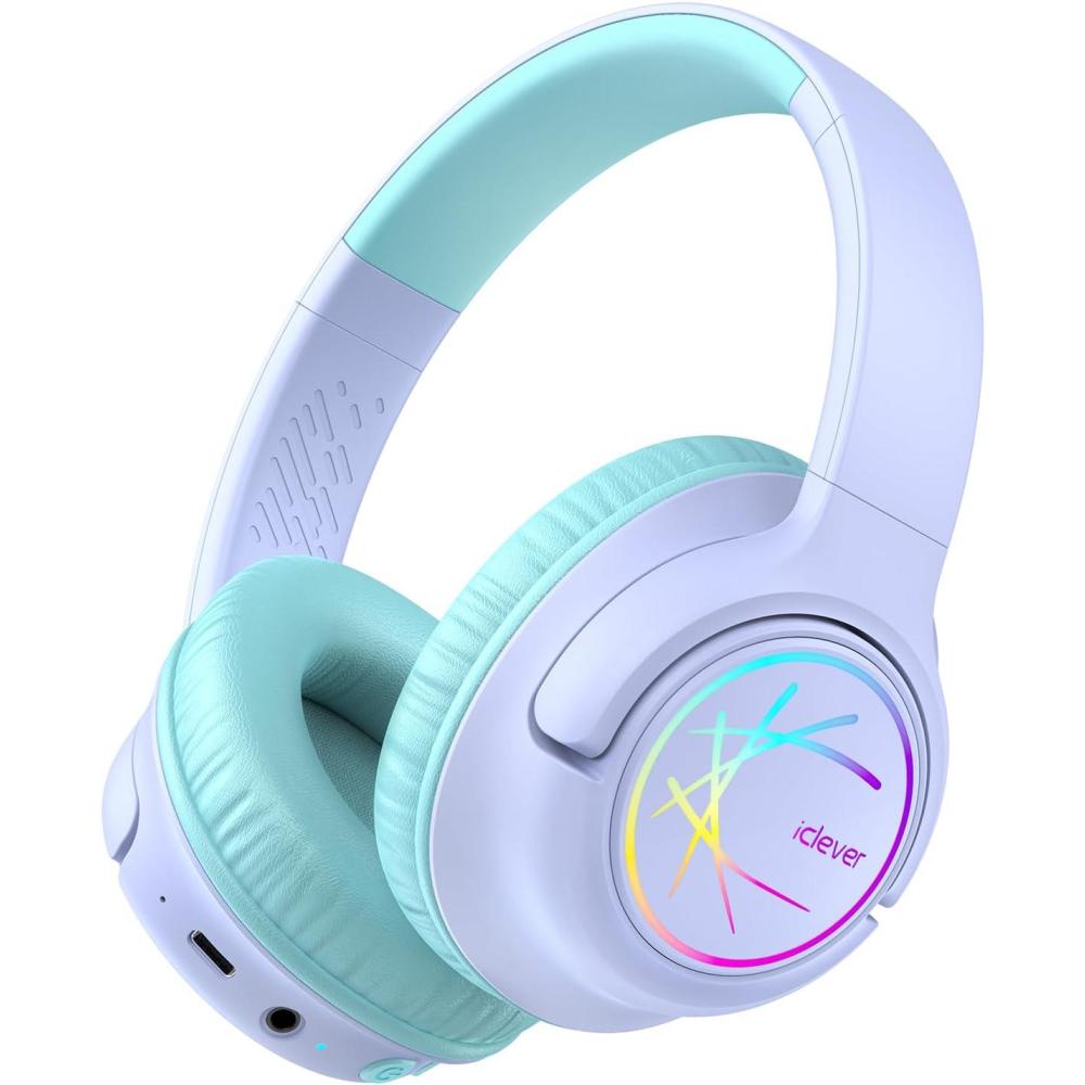 imageiClever Kids Bluetooth Headphones with LED Lights 43H Playtime TypeC Fast Charging BTH18 Safe Volume 7485dBA Bluetooth53Toddler Headphones Aux Cord for iPadTabletTravelSchool BluePurple