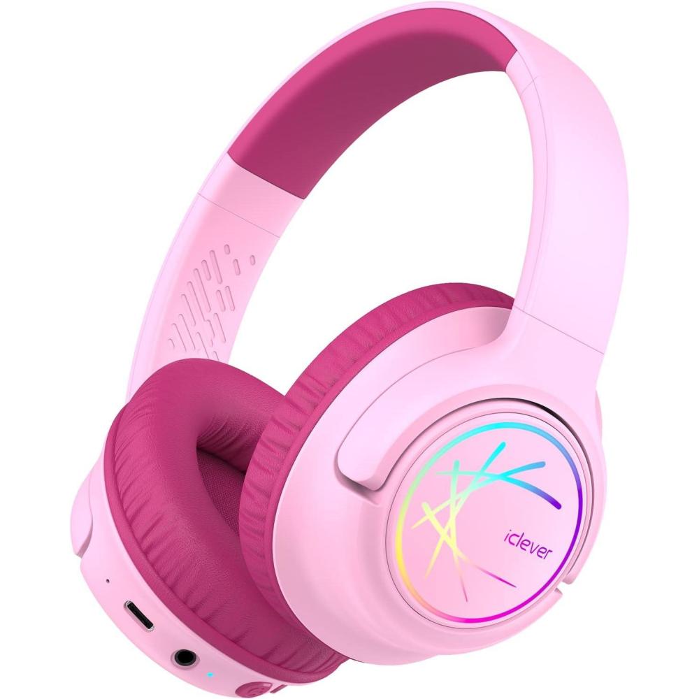 imageiClever Kids Bluetooth Headphones with LED Lights 43H Playtime TypeC Fast Charging BTH18 Safe Volume 7485dBA Bluetooth53Toddler Headphones Aux Cord for iPadTabletTravelSchool BlueBlossom Pink