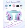imageiClever Kids Headphones with Cat Ear Led Light Up Safe Volume Limite FunShare Foldable OverEar Headphones for Kids for SchooliPadTabletTravel Meow DonutPinkLight Purple