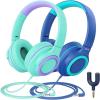 imageiClever 2Pack Kids Headphones with Sharing Splitter  85dBA Safe Volume Limited  HS22 Wired Headphones for Kids Teens TangleFree 35mm Jack Foldable Stereo for SchoolTabletTravelGreen  Blue