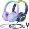imageiClever 2Pack Kids Headphones with Sharing Splitter  85dBA Safe Volume Limited  HS22 Wired Headphones for Kids Teens TangleFree 35mm Jack Foldable Stereo for SchoolTabletTravelPurple  Green