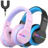 imageiClever BTH12 Kids Bluetooth HeadphonesColorful LED Lights Kids Headphones Wireless7485dBA Safe Volume85H PlaytimeFast ChargingBluetooth 52Over EarBuiltin Mic for iPadTabletAirplaneBluePinkBlack