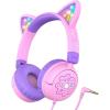 imageiClever Kids Headphones Cat Ear LED Light Up 85dBA Safe Volume Stereo Sound Toddler Headphones for Travel School Foldable 35mm Wired Kids Headphone for iPad Tablets Meow LollipopHot PinkBlossom Pink