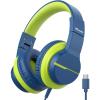 imageiClever Kids Headphones for School Travel Safe Volume Limited HD Mic Stereo Sound OverEar Girls Boys Headphones for Kid FunShare Foldable 35mm Wired for iPad Computer HS19TypeC Blue Green