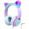imageiClever Kids Headphones with Cat Ear Led Light Up Safe Volume Limite FunShare Foldable OverEar Headphones for Kids for SchooliPadTabletTravel Meow DonutPinkLight Purple