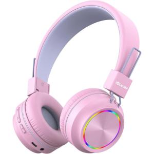 imageiClever BTH03 Kids Bluetooth Headphones Colorful LED Lights 35H Playtime Bluetooth 54 Type C Fast Charging Safe Volume Stereo Sound Mic On Ear Kids Wireless Headphones for iPad Airplane BluePink