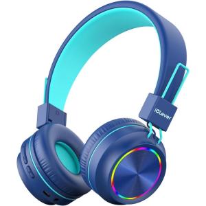 imageiClever BTH03 Kids Bluetooth Headphones Colorful LED Lights 35H Playtime Bluetooth 54 Type C Fast Charging Safe Volume Stereo Sound Mic On Ear Kids Wireless Headphones for iPad Airplane BlueLight Blue
