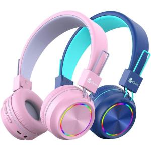 imageiClever BTH03 Kids Bluetooth Headphones Colorful LED Lights 35H Playtime Bluetooth 54 Type C Fast Charging Safe Volume Stereo Sound Mic On Ear Kids Wireless Headphones for iPad Airplane BlueBluePink  2 Pack