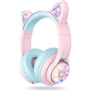 imageiClever Cat Ear Kids Bluetooth Headphones LED Lights Up 7485dBA Safe Volume Limited 50H PlaytimeBluetooth 52 USB C Kids Headphones Wireless for Travel iPad Tablet Meow Macaron Hot PinkPink