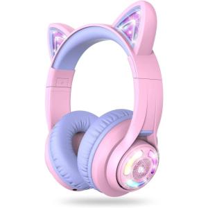 imageiClever Cat Ear Kids Bluetooth Headphones LED Lights Up 7485dBA Safe Volume Limited 50H PlaytimeBluetooth 52 USB C Kids Headphones Wireless for Travel iPad Tablet Meow Macaron Hot PinkLight Purple